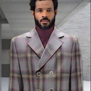 Mens Peacoat - Plaid Overcoats - Wool Carcoat Grey